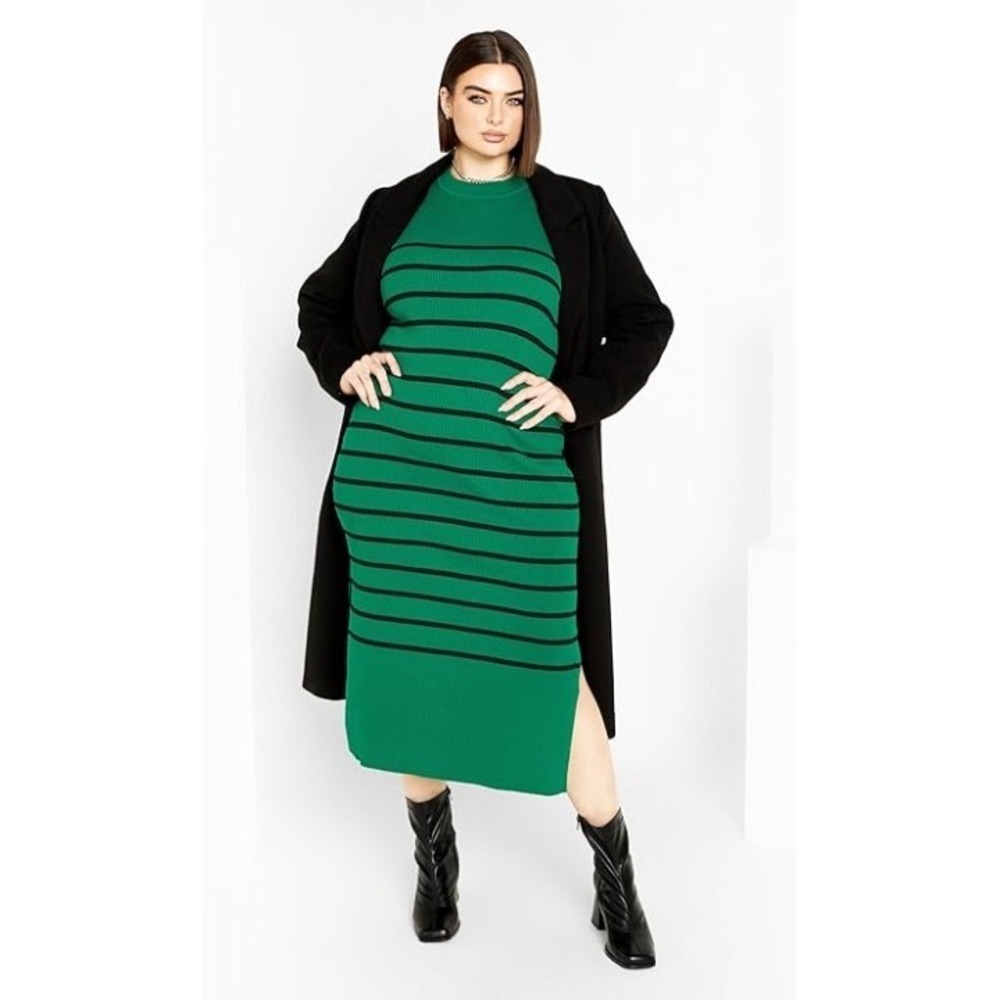 City Chic Maddie Green Black Striped Ribbed Knit Midi Sweater Dress Size L 20 - Picture 3 of 8